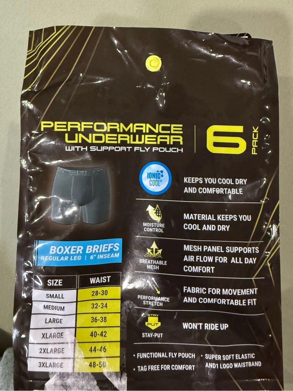AND1 Men's Performance Boxer Briefs - Red, Blue & Black - 3 pairs (Large)